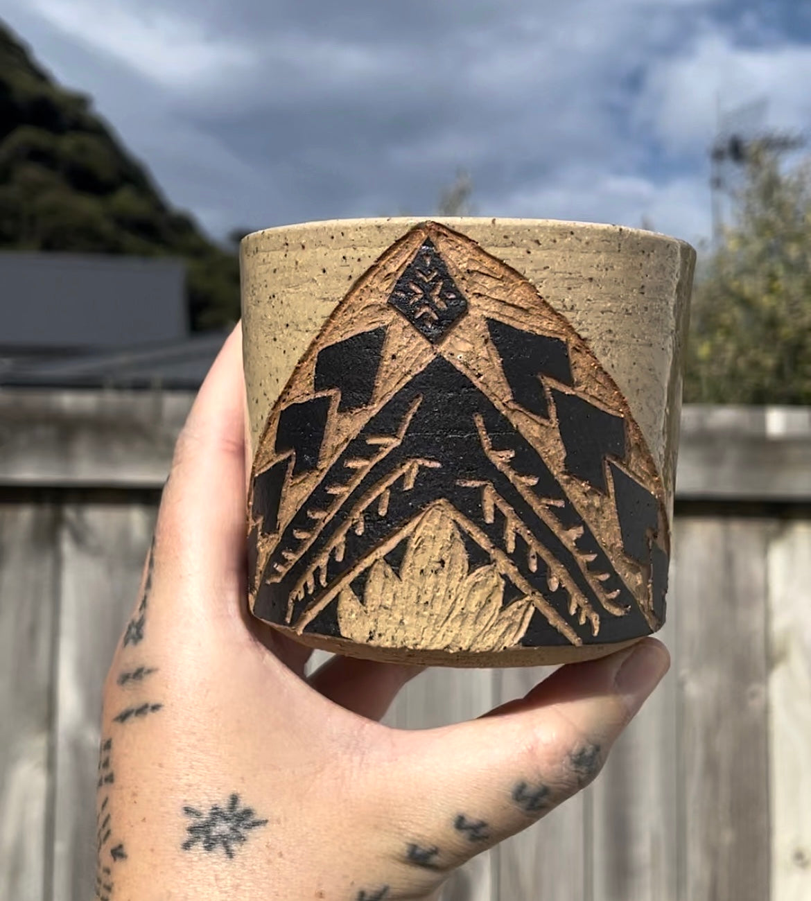 Hand Carved Ceramic Tatau Mug Brown (137) by MASINA CREATIVE