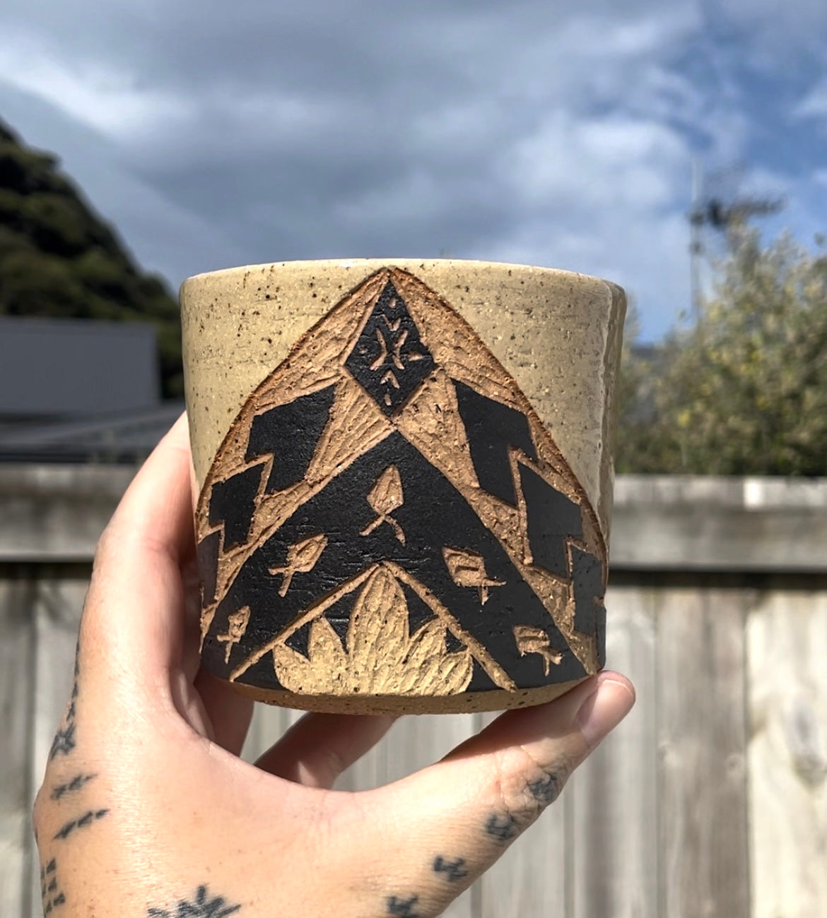 Hand Carved Ceramic Tatau Mug Brown (138) by MASINA CREATIVE