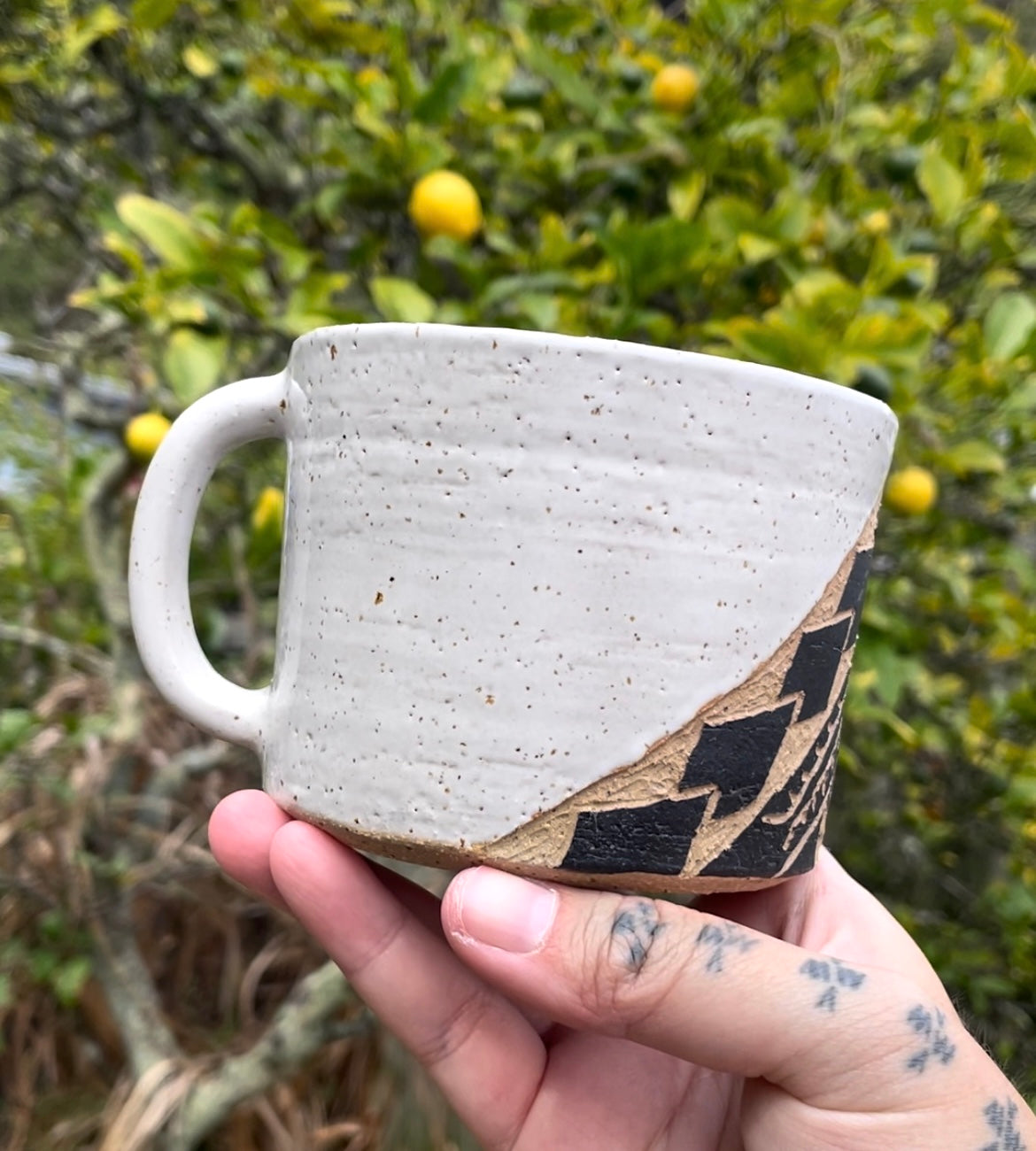 Hand Carved Ceramic Tatau Mug White (160) by MASINA CREATIVE