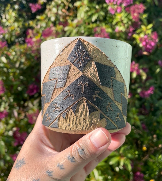 Hand Carved Ceramic Tatau Mug White (198) by MASINA CREATIVE