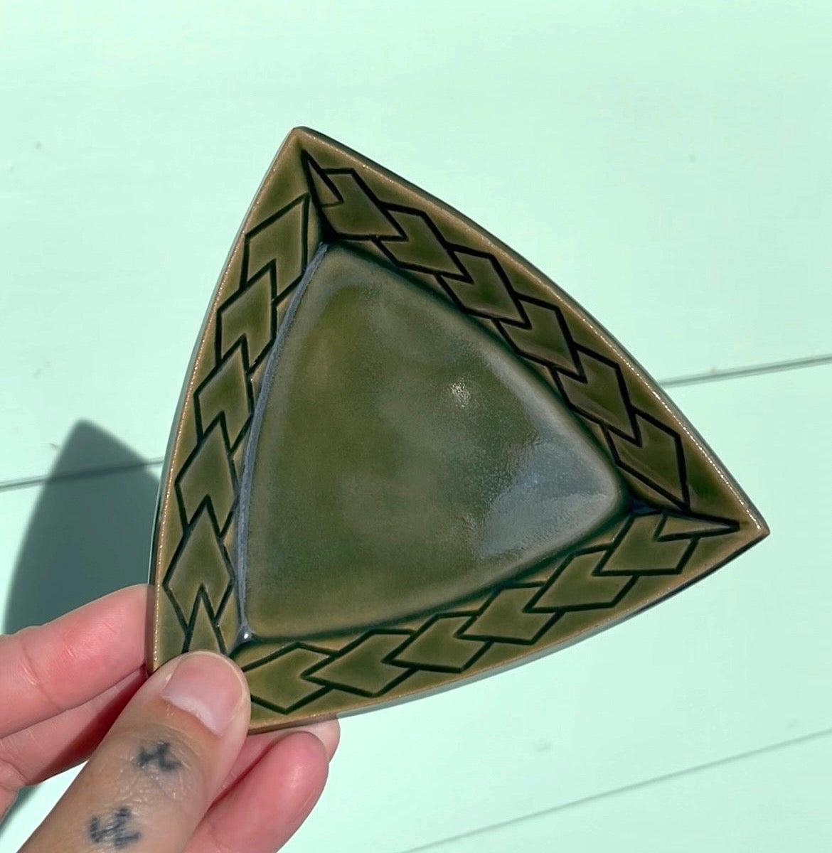 Hand Carved Ceramic Tatau Trinket Dish in Green (208) by MASINA CREATIVE