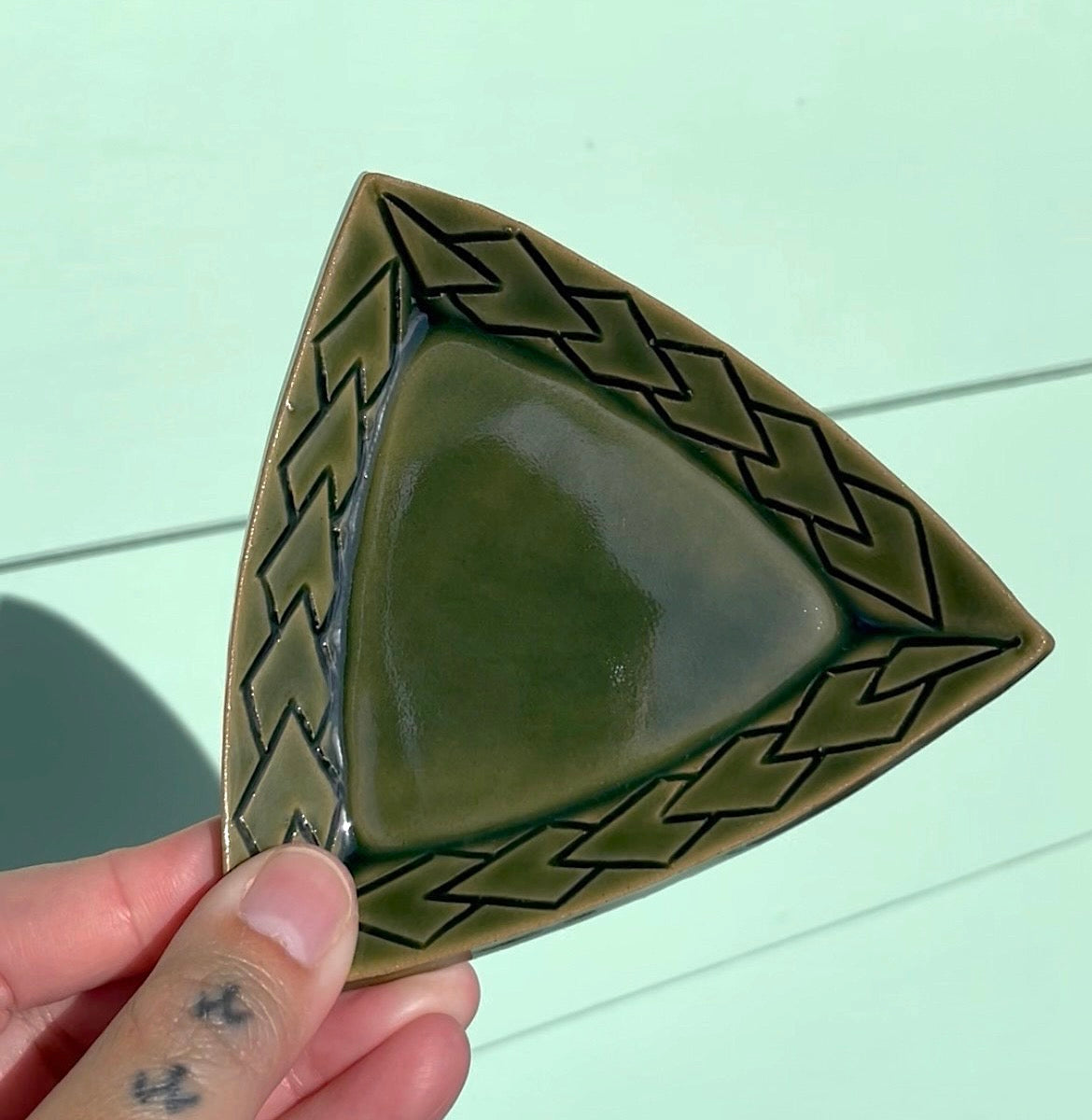 Hand Carved Ceramic Tatau Trinket Dish in Green (210) by MASINA CREATIVE