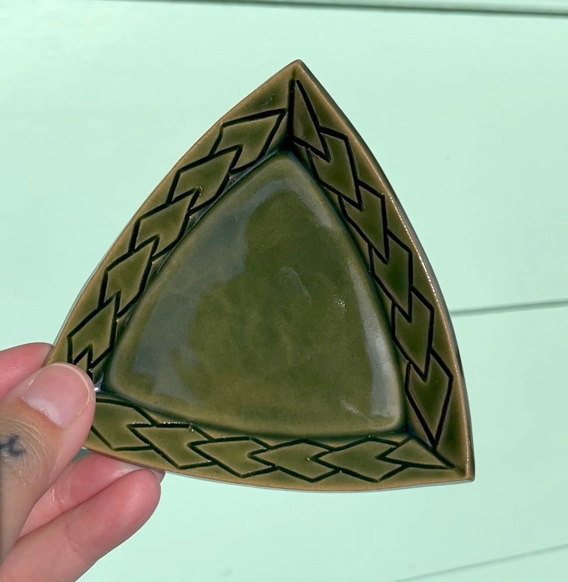 Hand Carved Ceramic Tatau Trinket Dish in Green (211) by MASINA CREATIVE