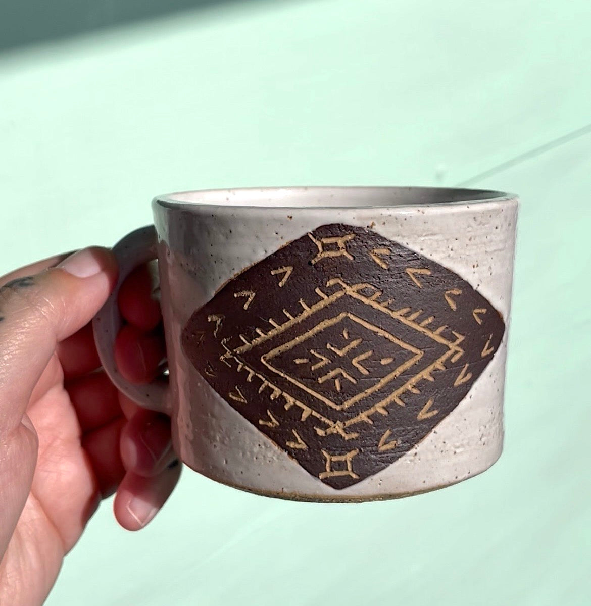 Hand Carved Ceramic Malu Mug White (240) by MASINA CREATIVE