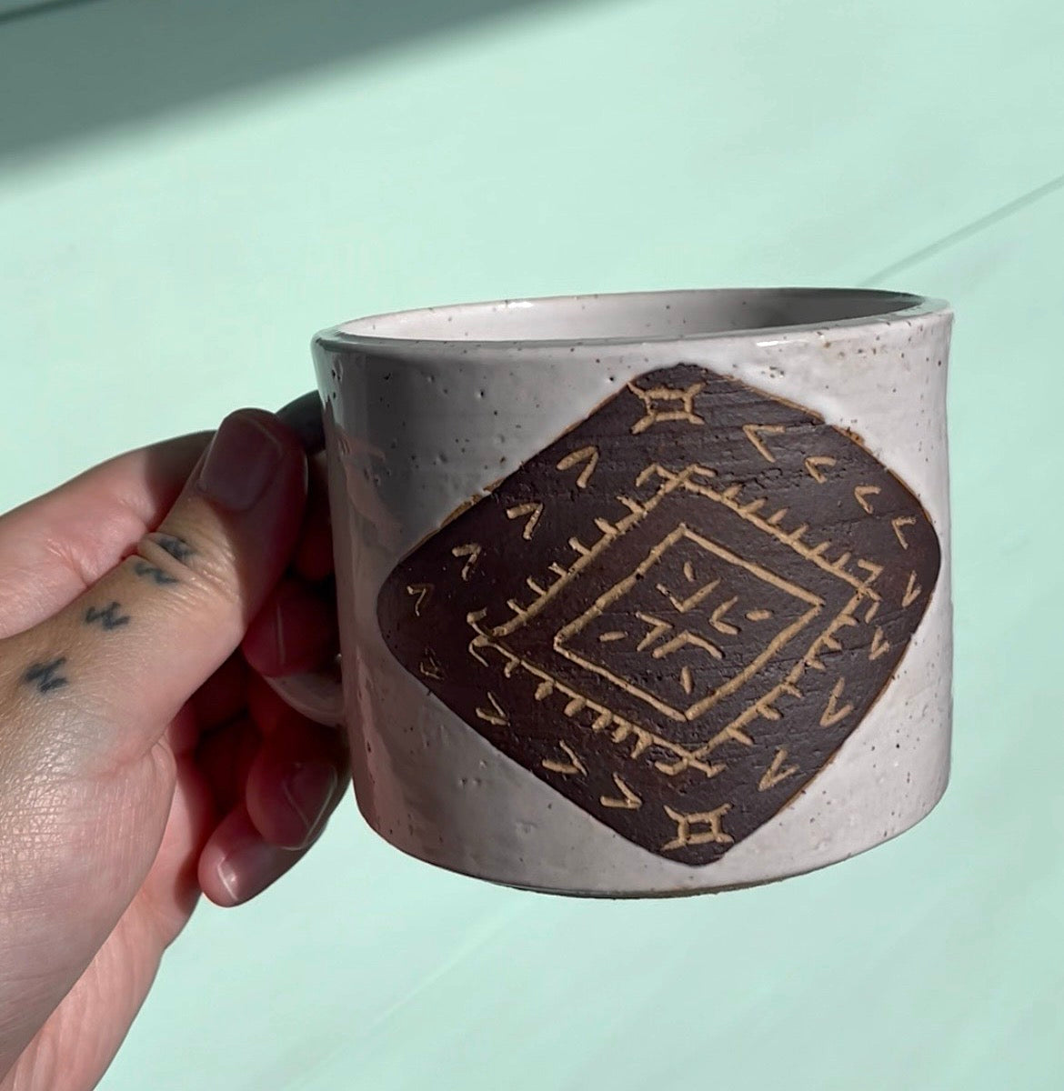 Hand Carved Ceramic Malu Mug White (242) by MASINA CREATIVE