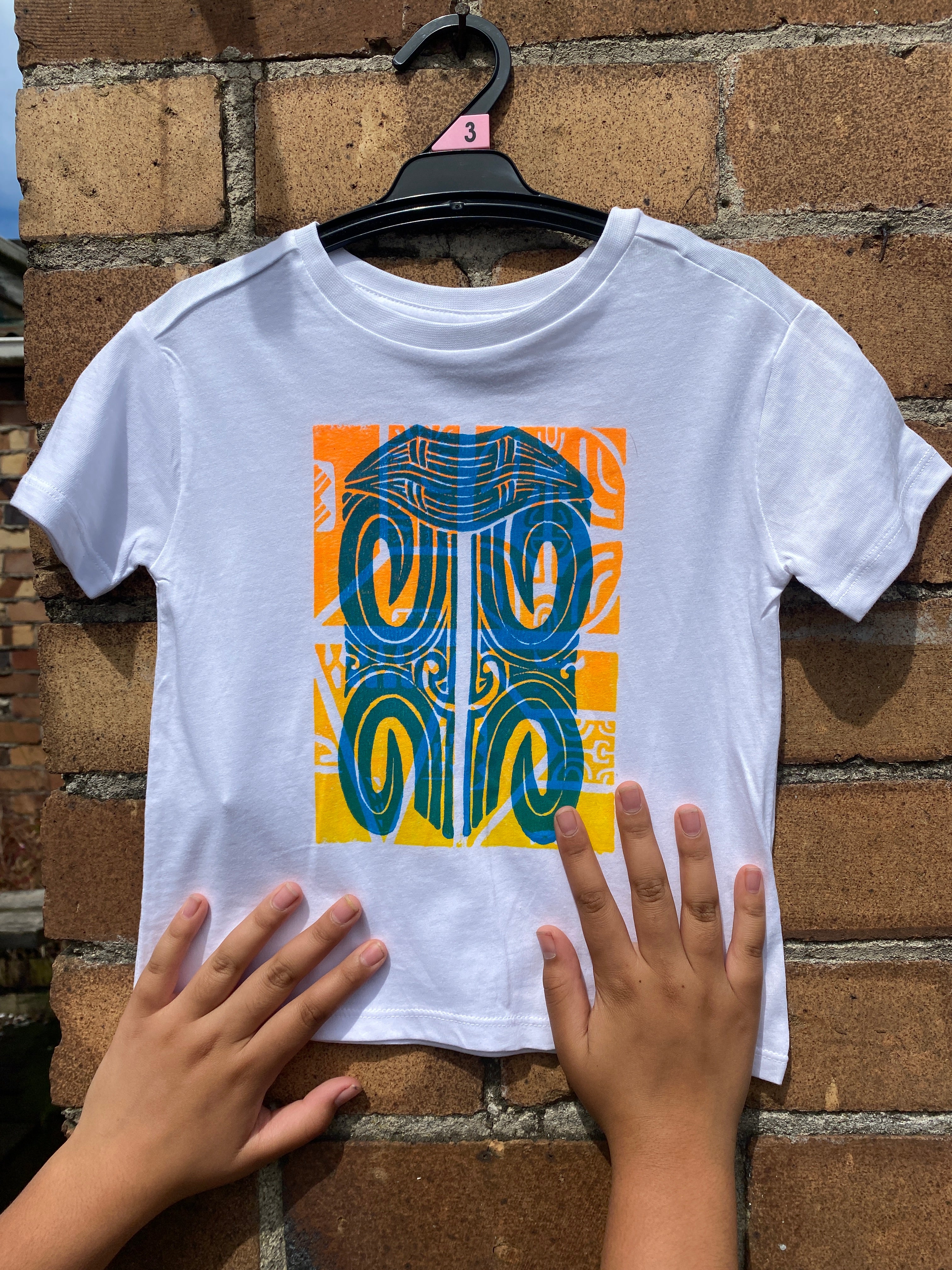 Hand-printed T-Shirt Tamariki Size 3 by Numa Mackenzie