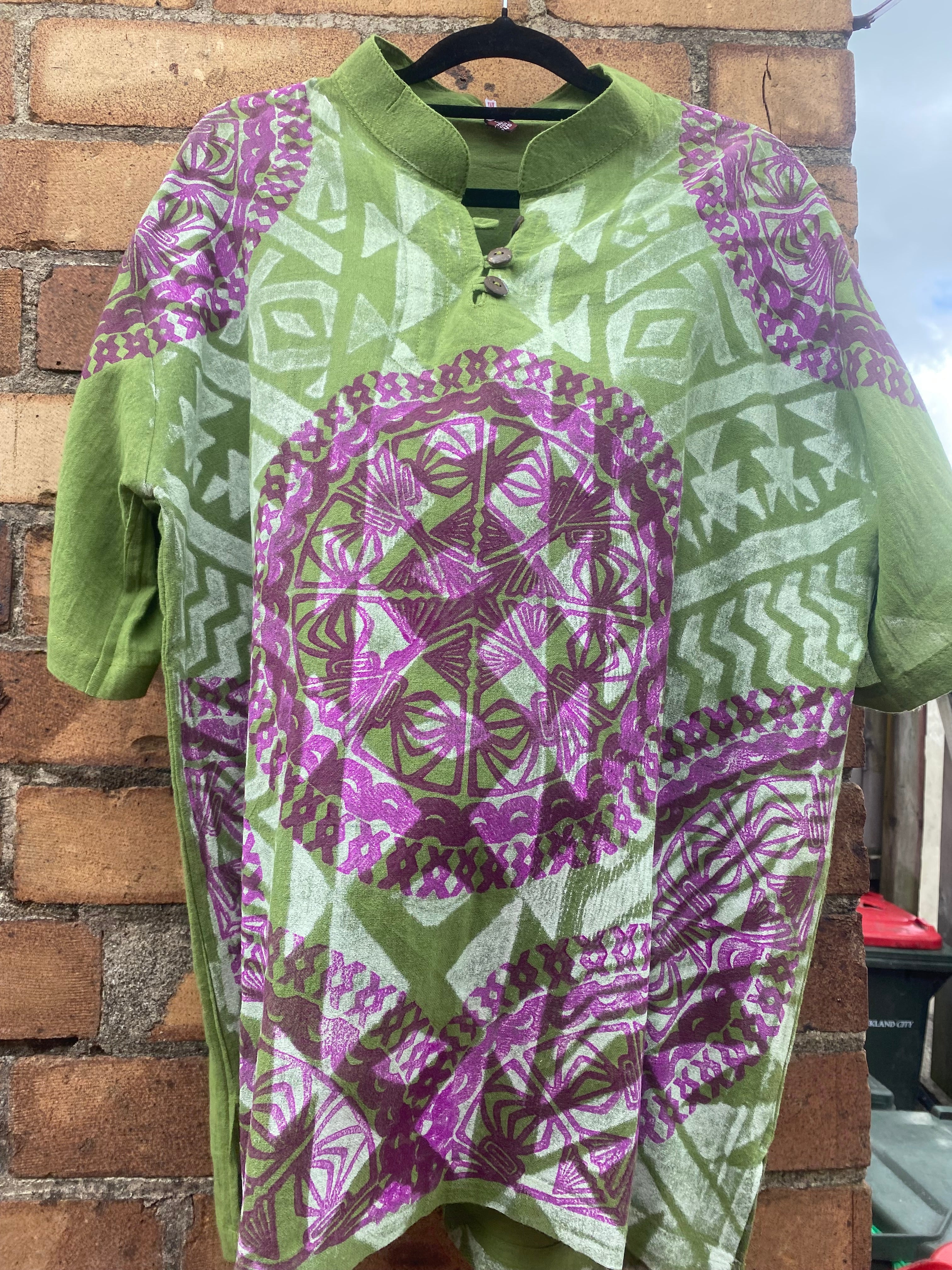 Hand-printed Green/Purple Adult Shirt by Numa Mackenzie