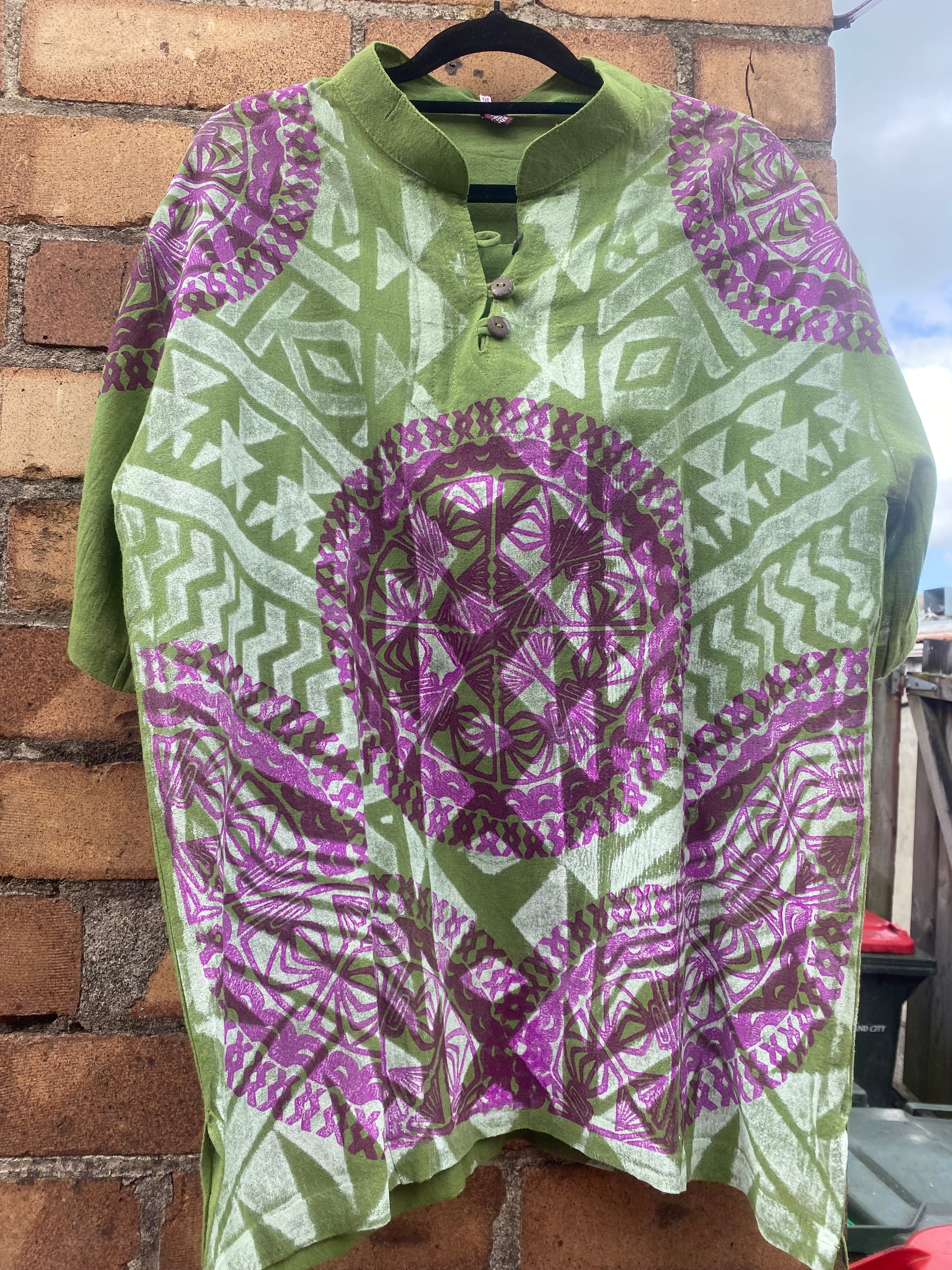 Hand-printed Green/Purple Adult Shirt by Numa Mackenzie