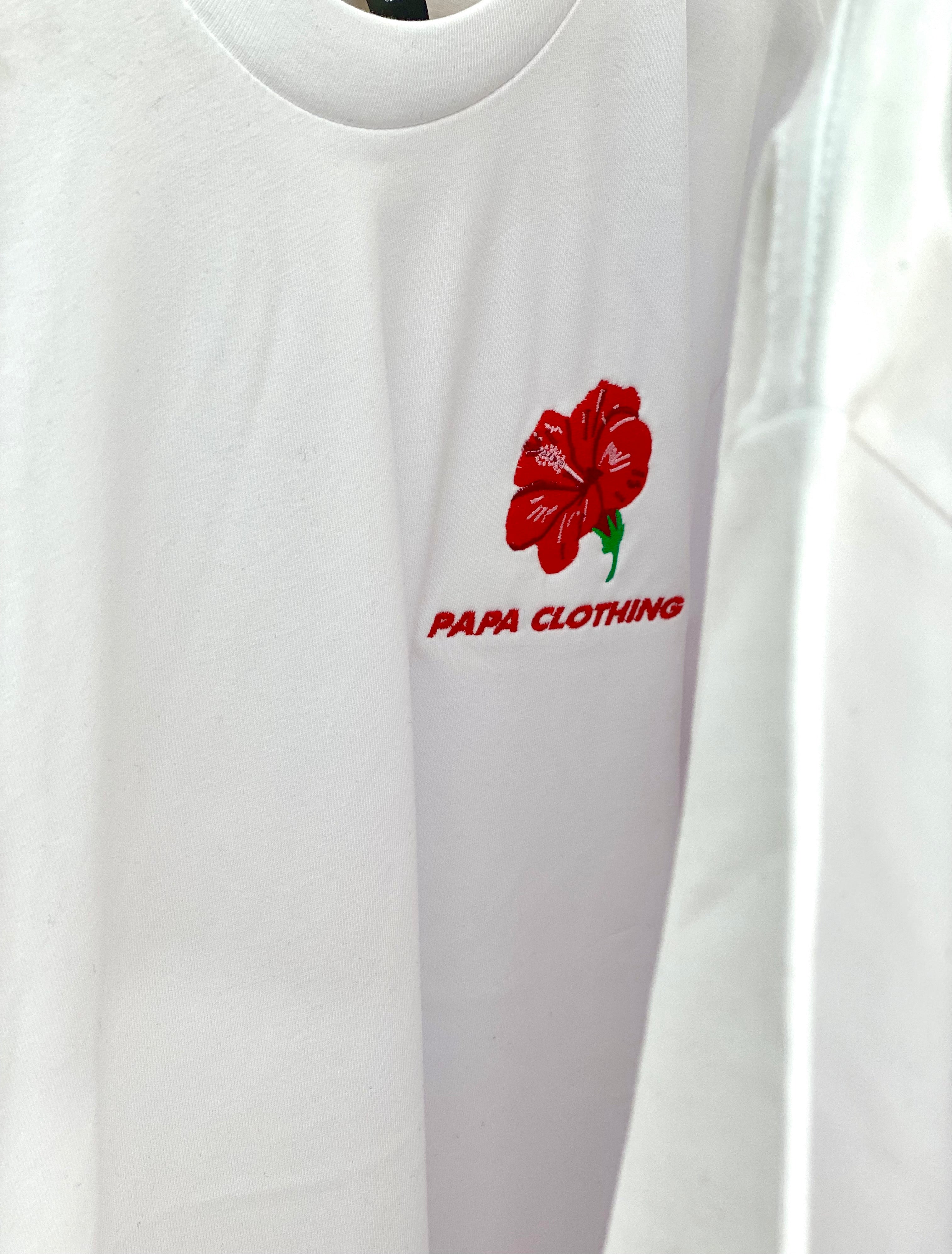 Embroidered Hibiscus Tee ~ White (non gendered) by Papa Clothing