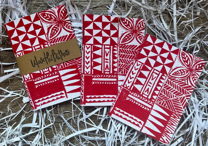 Red Pasifika Print with Hibiscus & Taro Plant A6 Handmade & Handprinted Unlined Notebook by Ula&HerBrothers