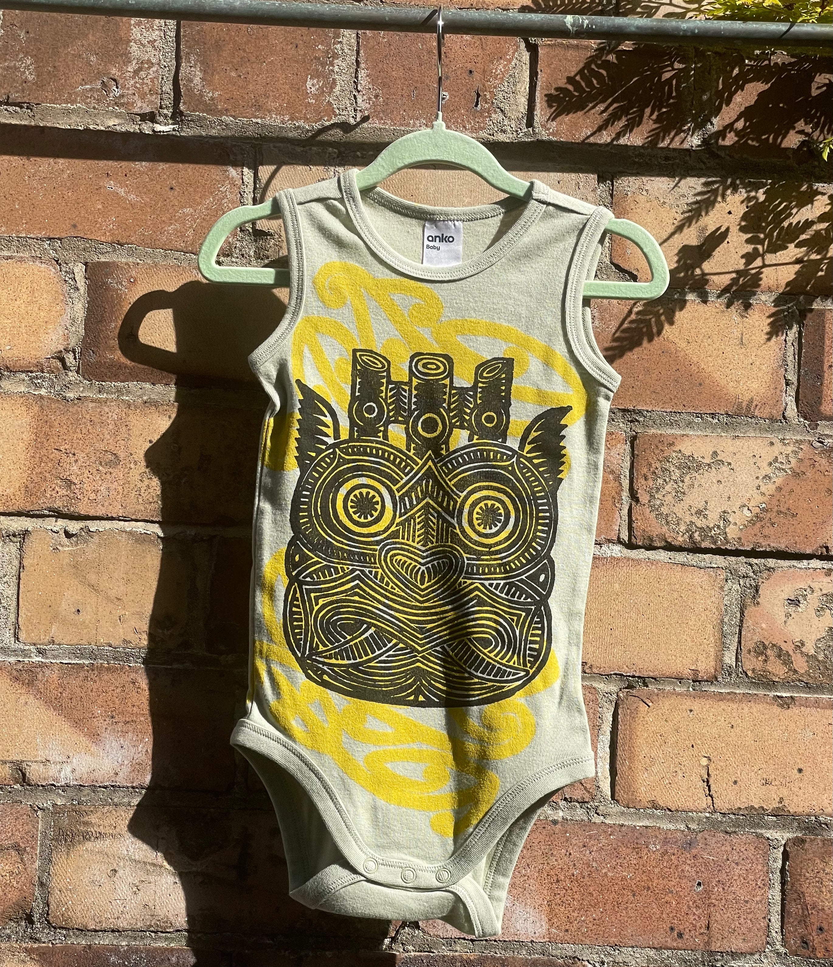 Hand-printed Sleeveless onesies (Pēpi) -  Size 0-2 by Numa Mackenzie
