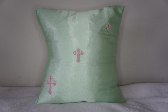 Holy Cross Embroidered Satin Pillow by Shiloh Sagapolu
