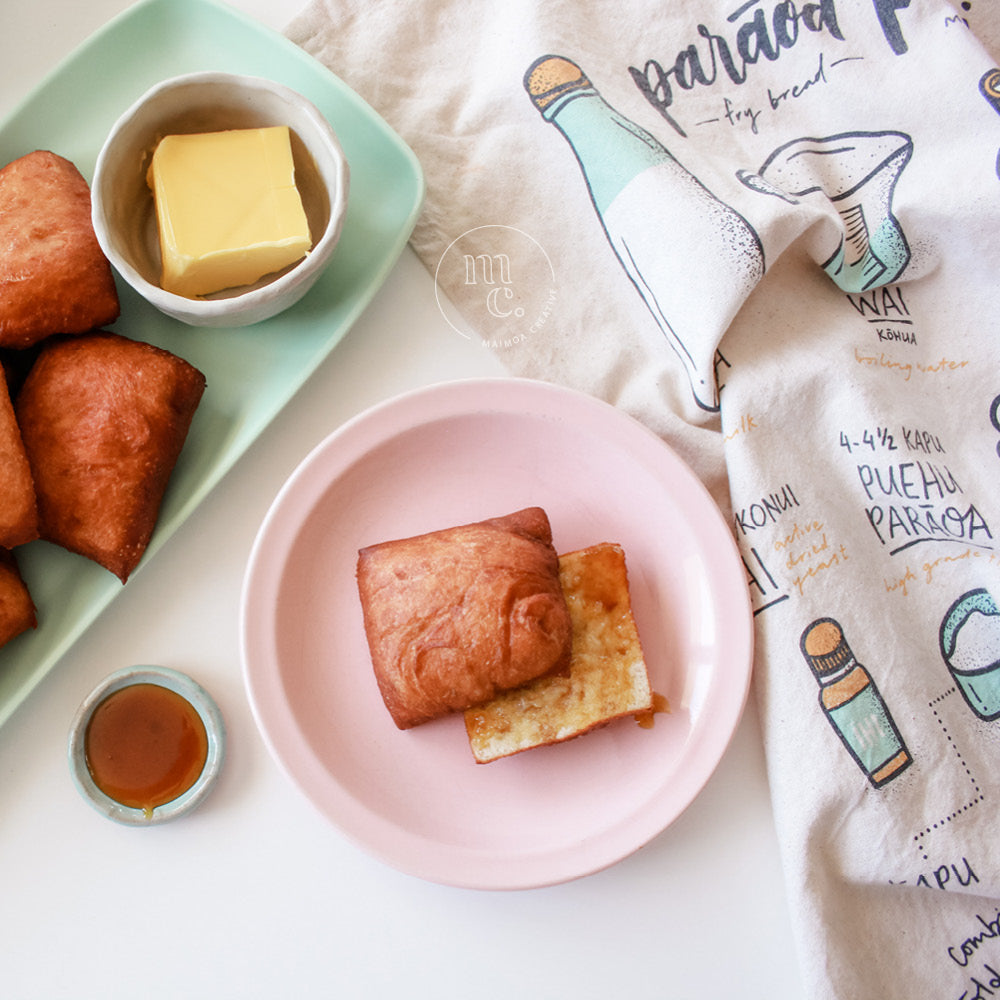 Parāoa Parai - 'Fry Bread Recipe' Tea Towel by Maimoa Creative