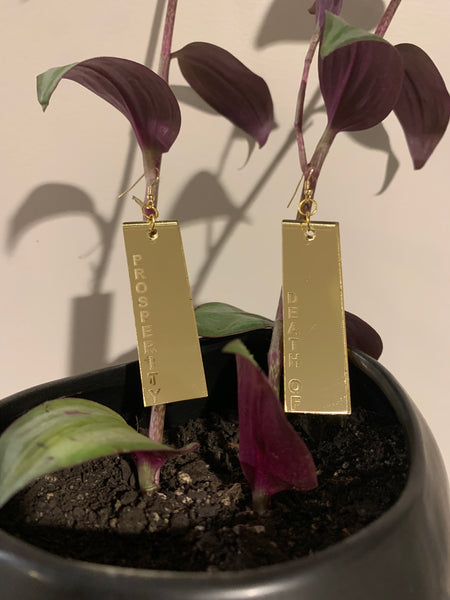 Death of Prosperity - Etched Rectangle Earrings by Darcell Apelu